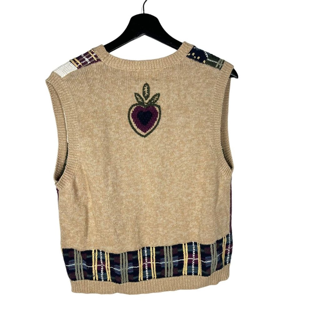 Vintage 90s Tan Purple Hand Embroidered Rami Cotton Blend Knit Button Up Vest Me - Picture 2 of 5